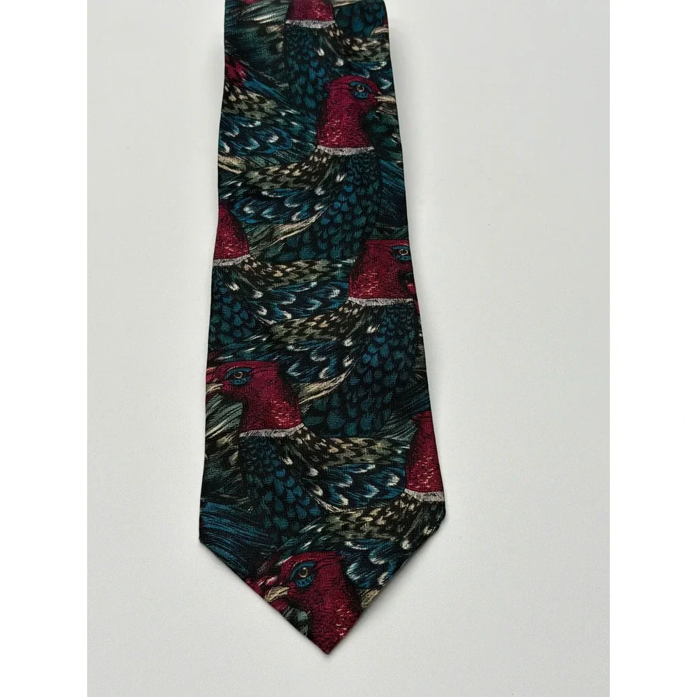 Field & Stream Mens Silk Tie Pheasant Bird Pattern‎ Green Burgundy Made in USA